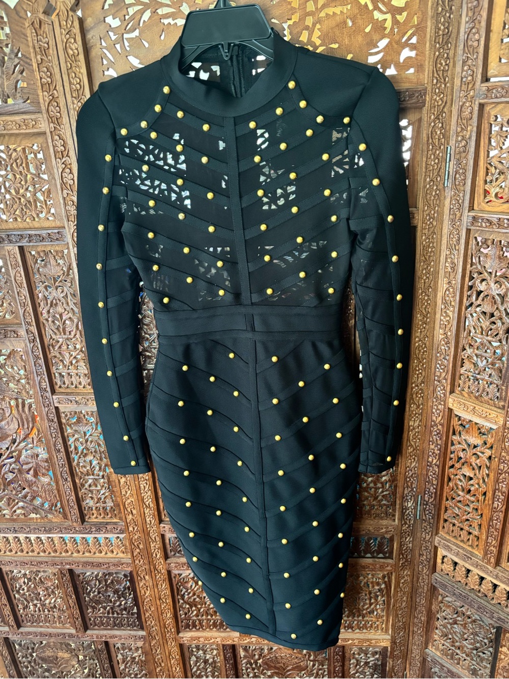 NWT Fashion Nova Black Long-Sleeve Studded Bodycon Dress with Gold Accents